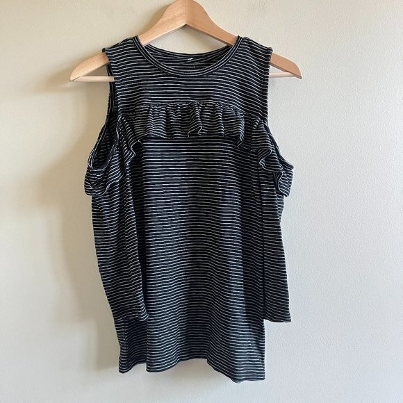 Ann Taylor Loft Women’s Size XS Knit Black/White Stripe Ruffle Cold Shoulder Top - Picture 1 of 7